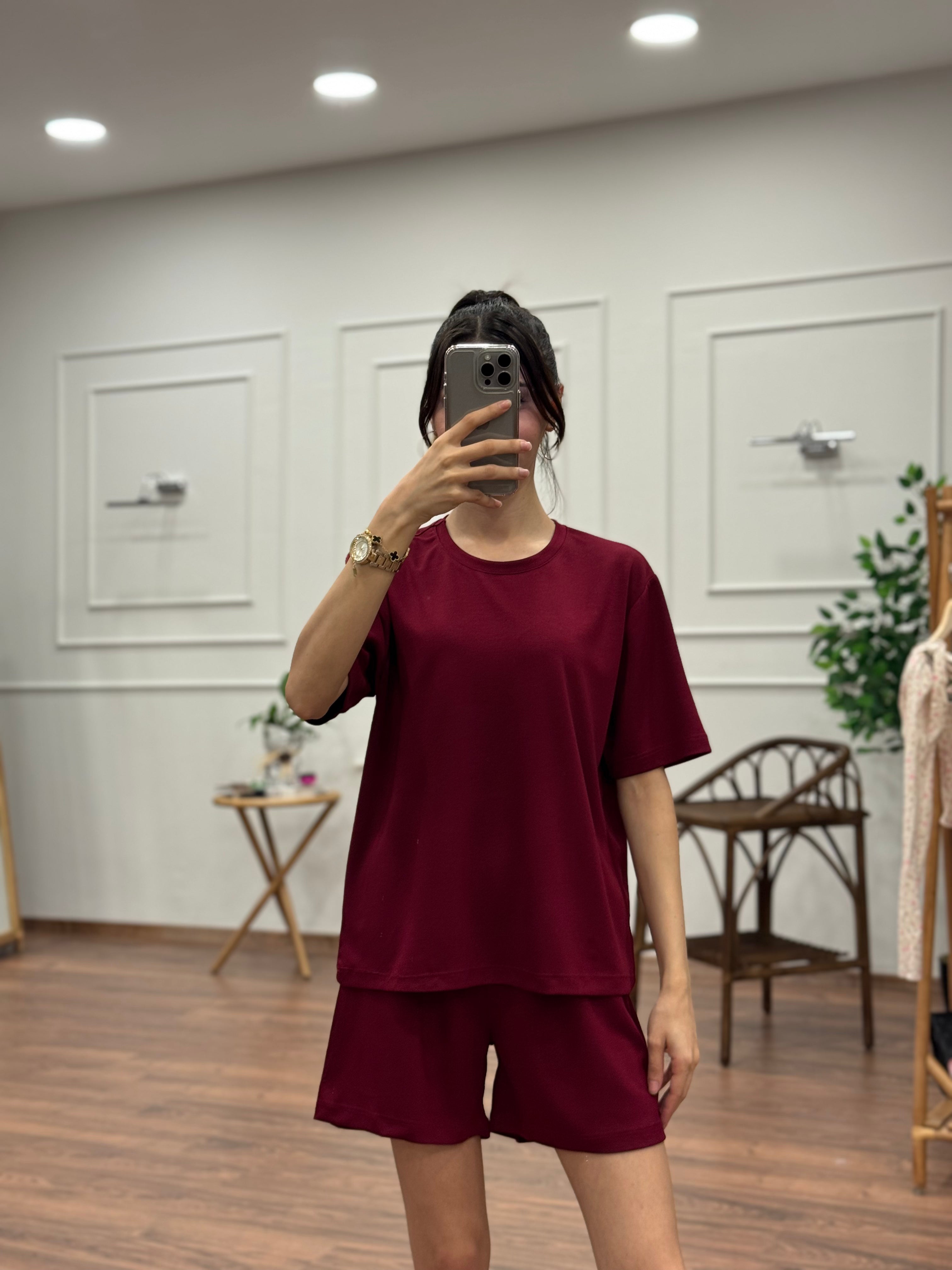 Modal Kumaş Oversize Bluz Şortlu Takım Bordo