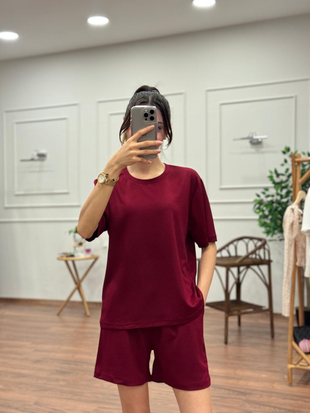 Modal Kumaş Oversize Bluz Şortlu Takım Bordo