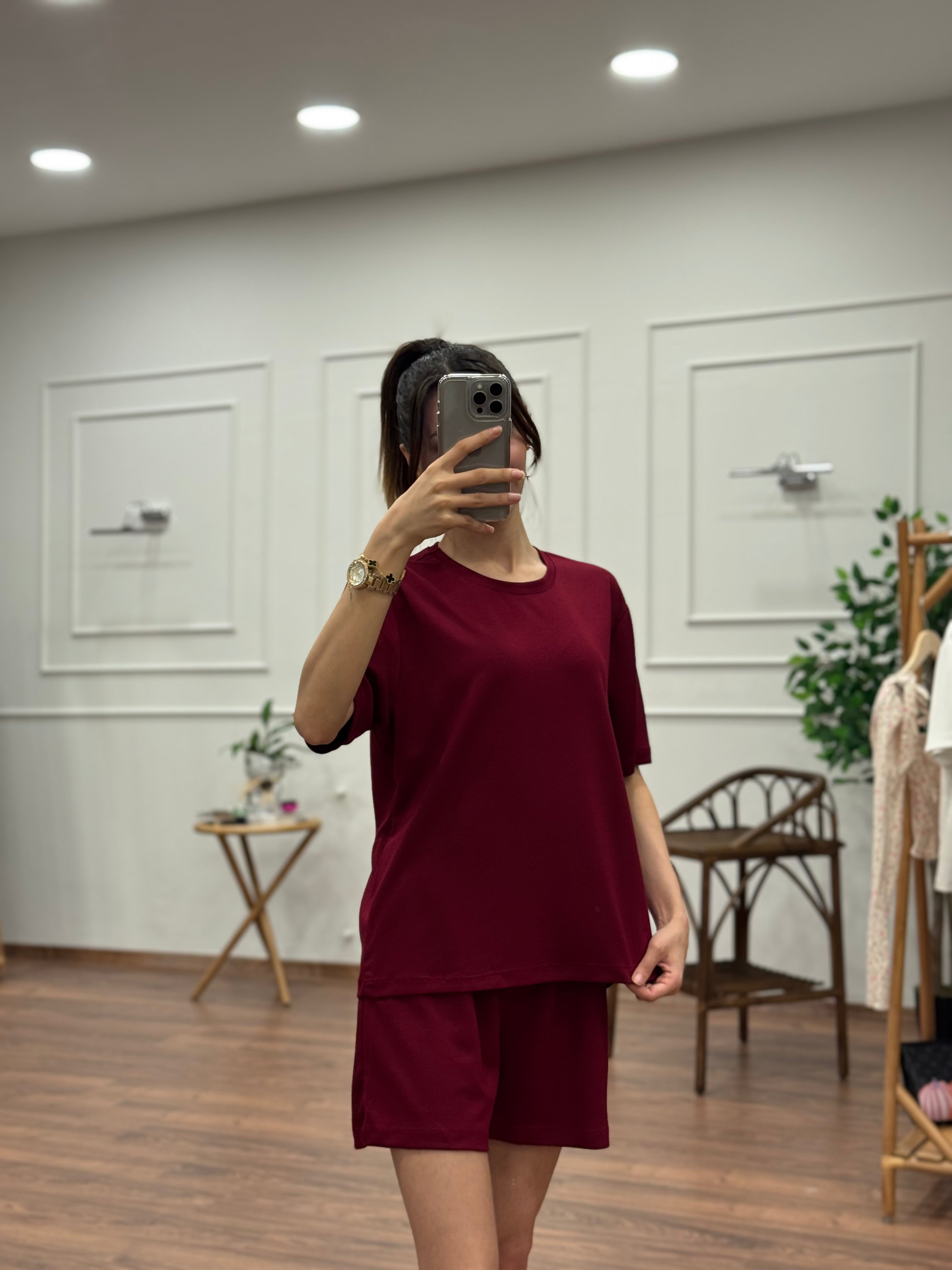 Modal Kumaş Oversize Bluz Şortlu Takım Bordo
