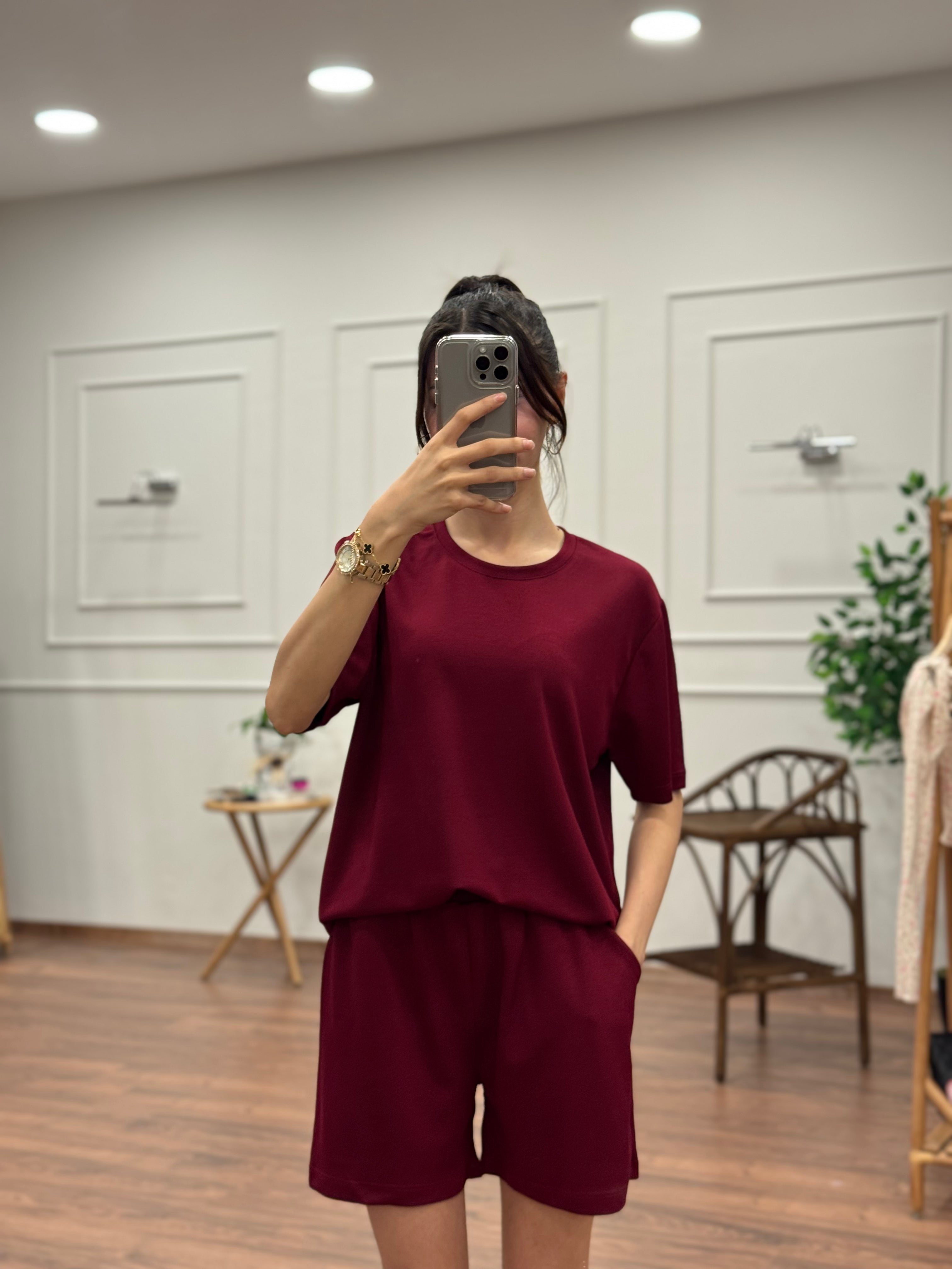 Modal Kumaş Oversize Bluz Şortlu Takım Bordo
