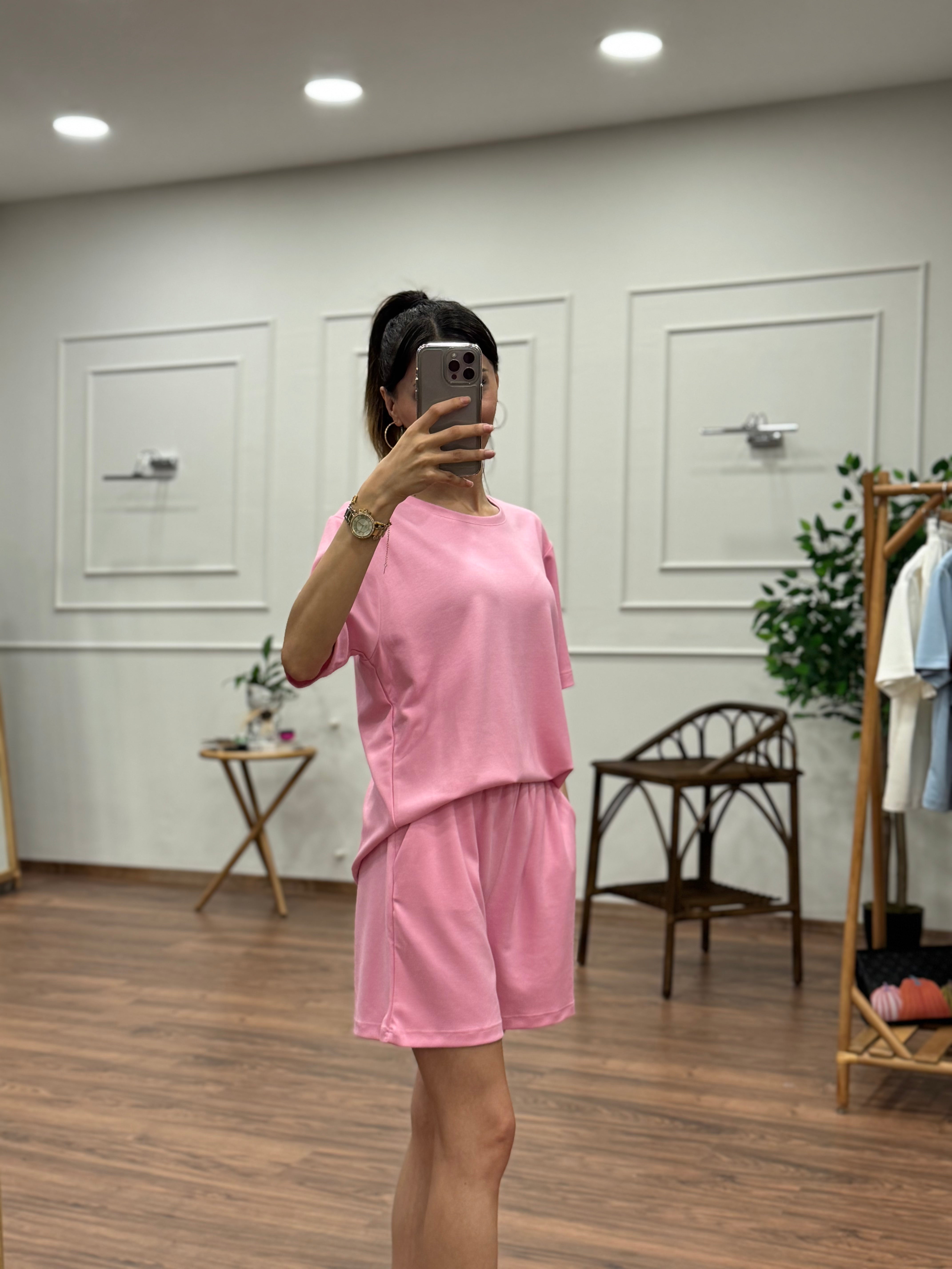 Modal Kumaş Oversize Bluz Şortlu Takım Toz Pembe