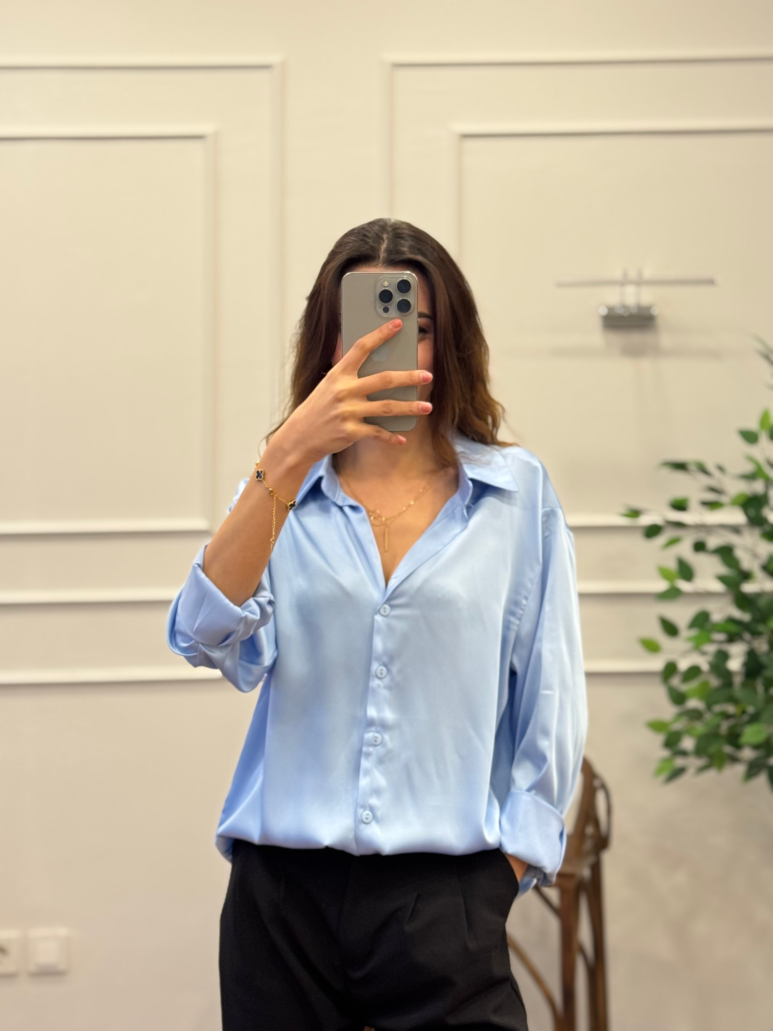 Saten Kumaş Geniş Kalıp Bebe Mavisi Gömlek