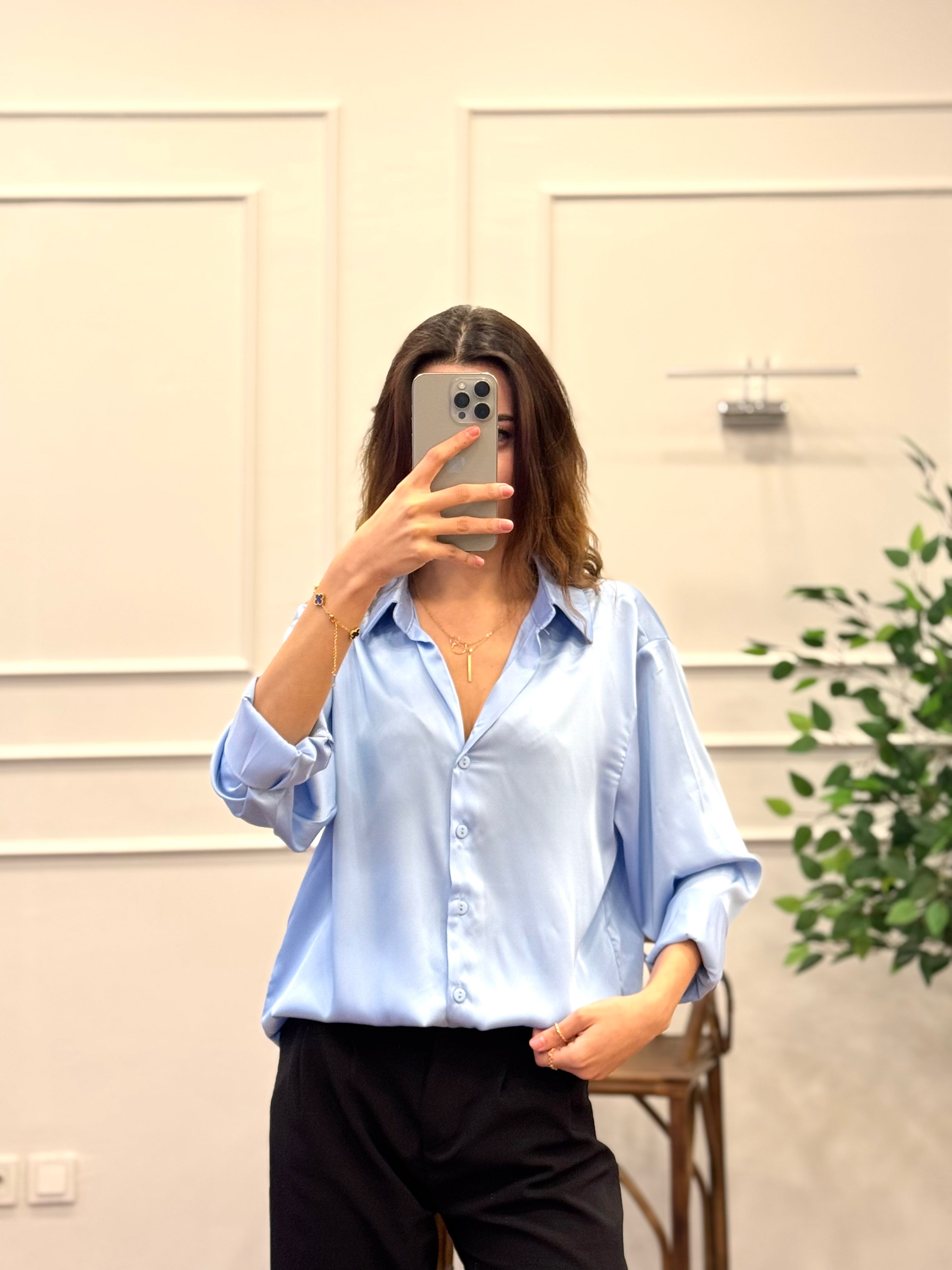 Saten Kumaş Geniş Kalıp Bebe Mavisi Gömlek