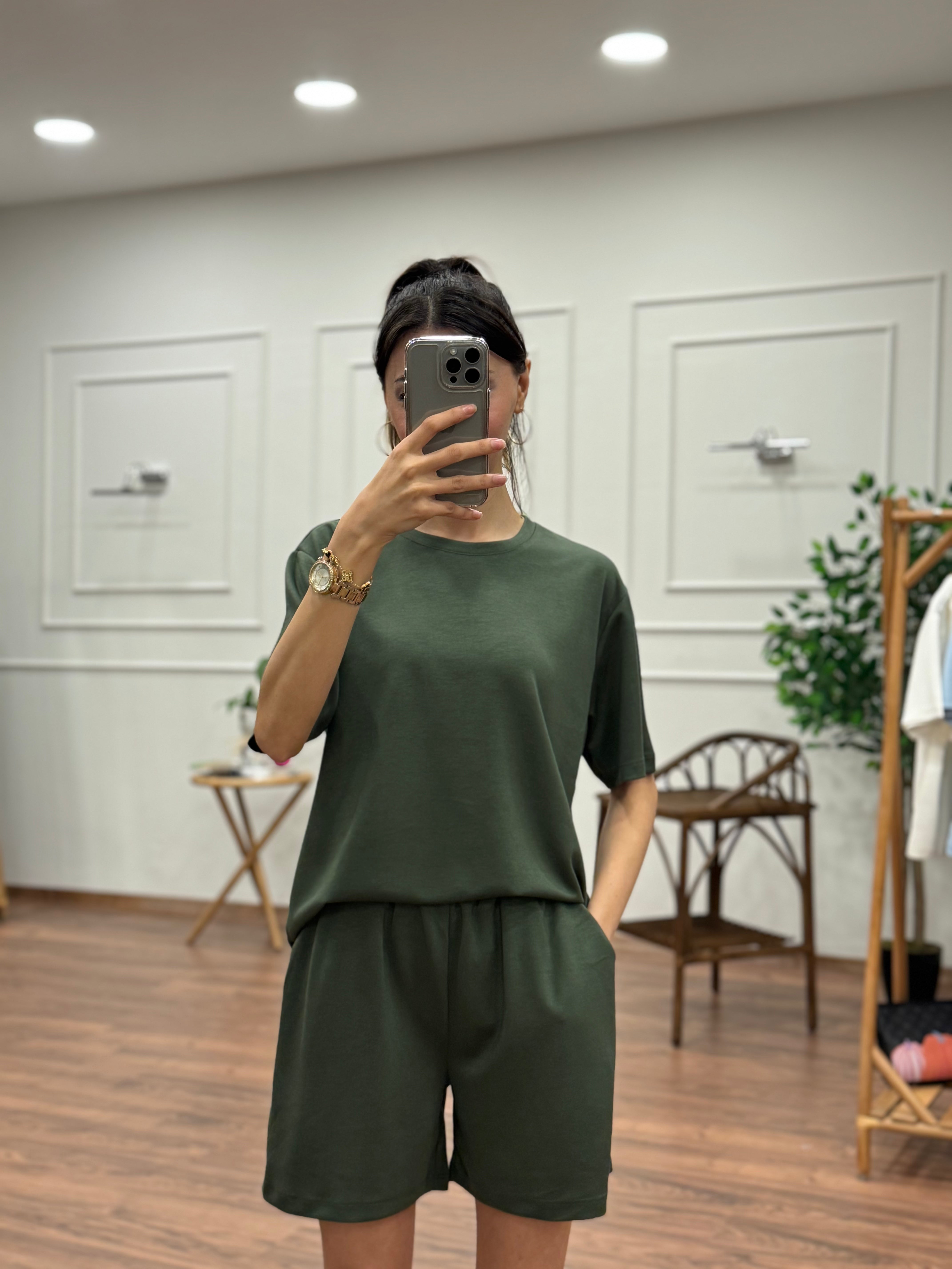 Modal Kumaş Oversize Bluz Şortlu Takım Haki