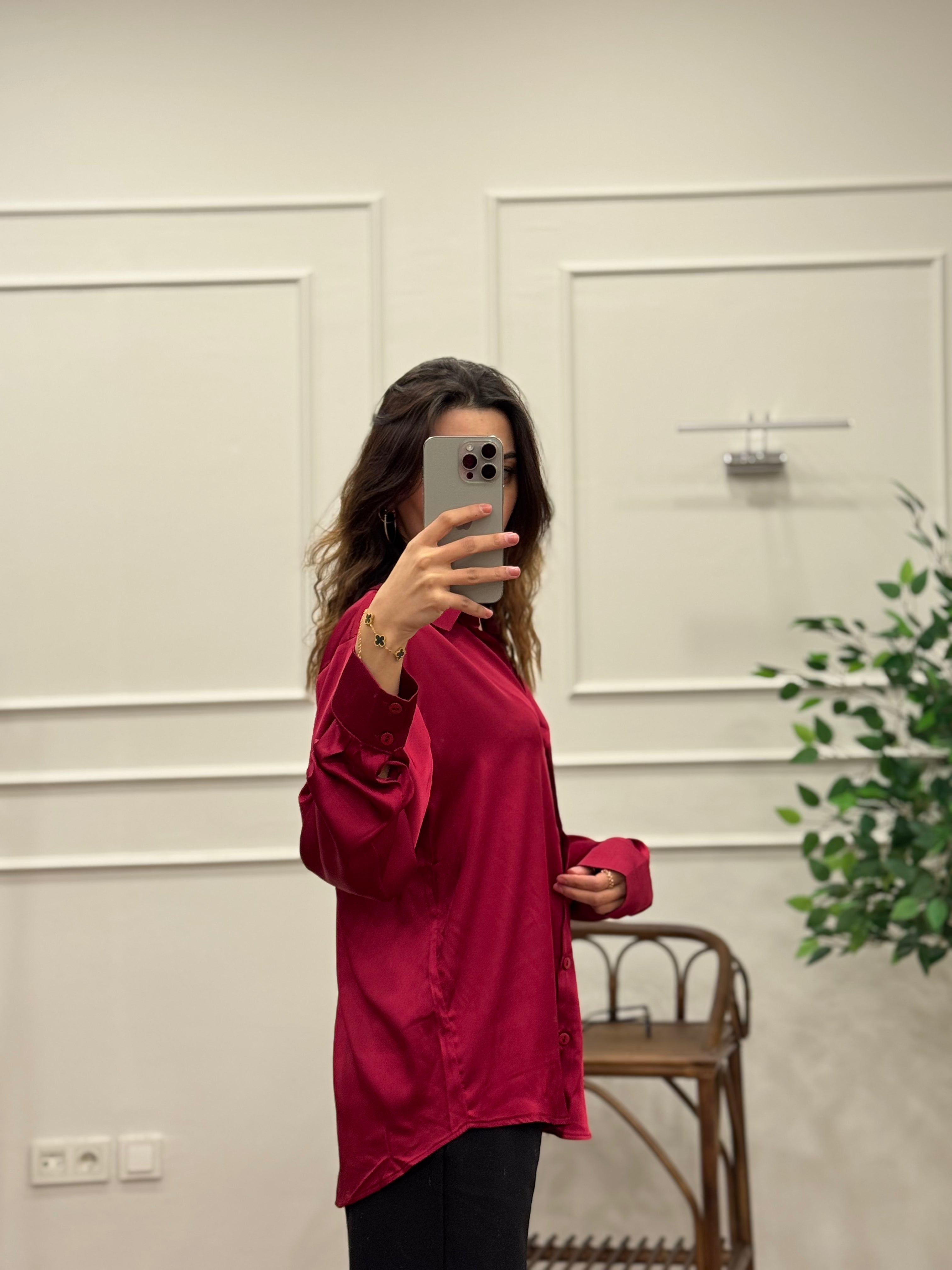 Saten Kumaş Geniş Kalıp Bordo Gömlek