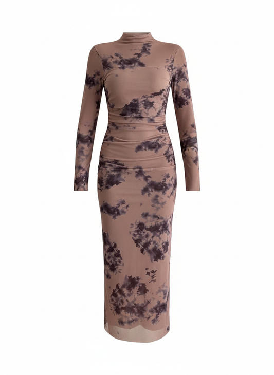 Batik Desen Tül Bej Elbise