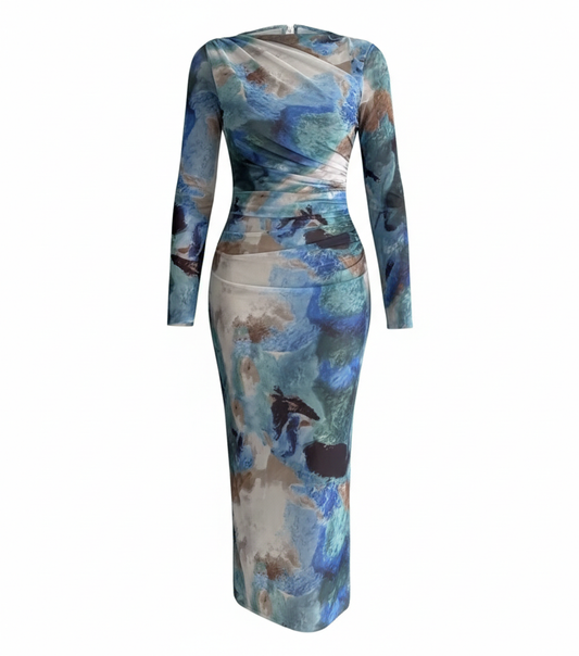 Batik Desen Tül Mavi Elbise