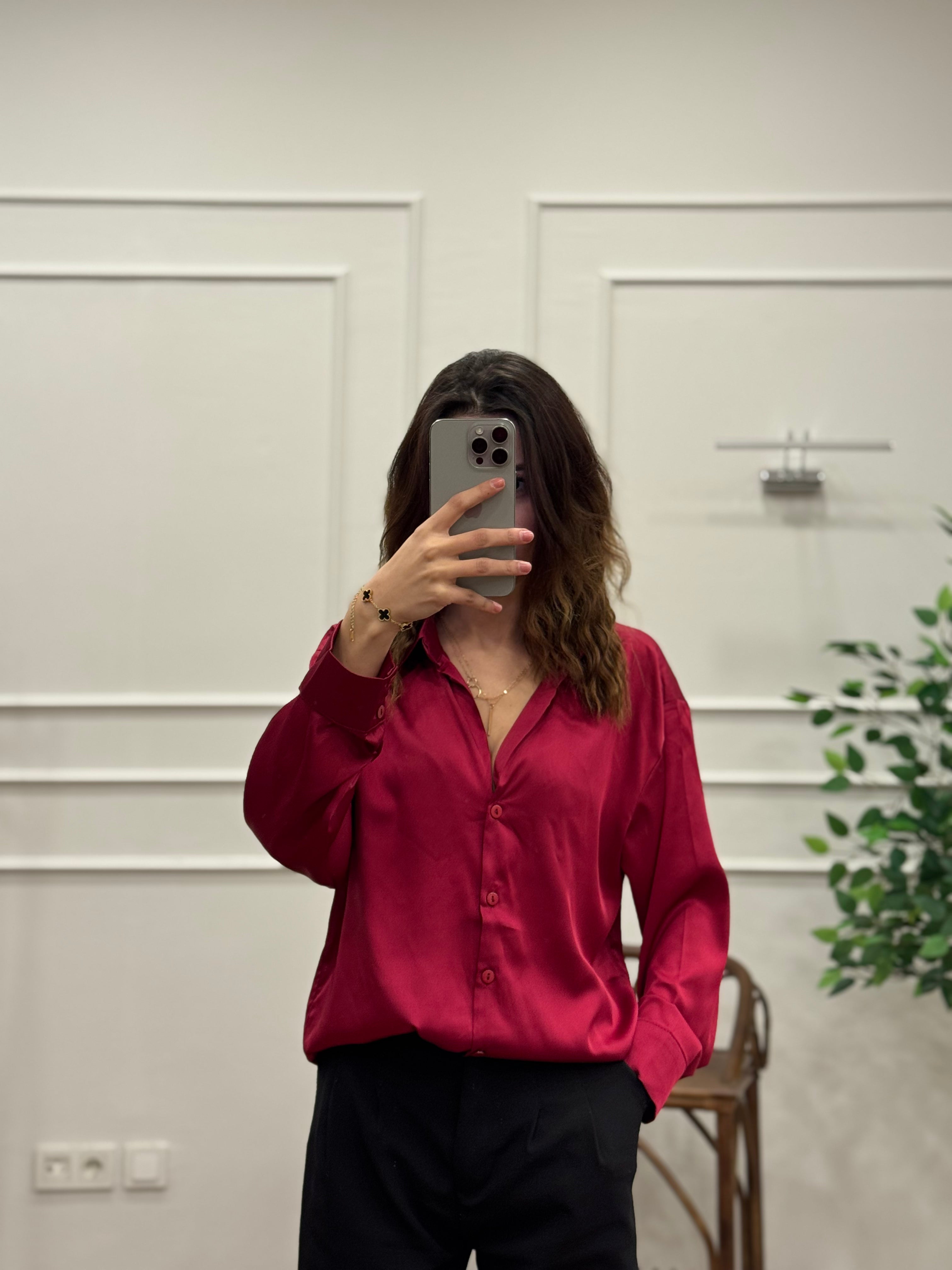 Saten Kumaş Geniş Kalıp Bordo Gömlek