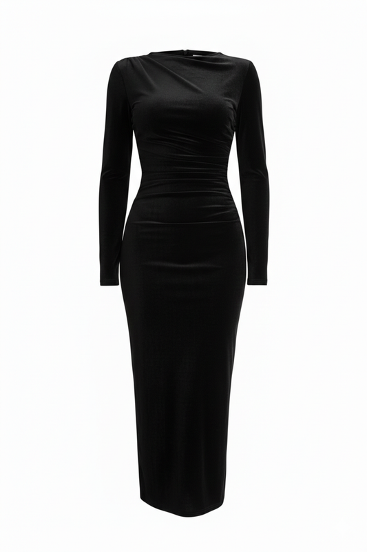 Kadife Omuz Ve Bel Kısmı Drapeli Uzun Kol Siyah Kadın Elbise