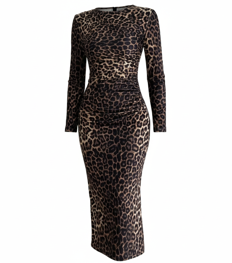 Kadife Omuz Ve Bel Kısmı Drapeli Uzun Kol Leopar Kadın Elbise