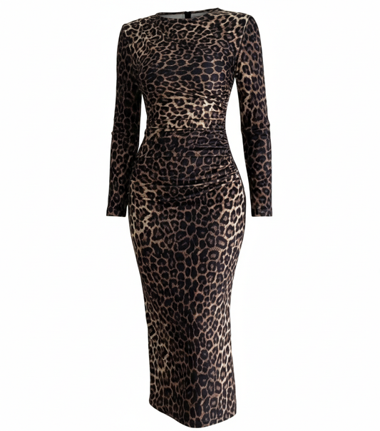 Kadife Omuz Ve Bel Kısmı Drapeli Uzun Kol Leopar Kadın Elbise