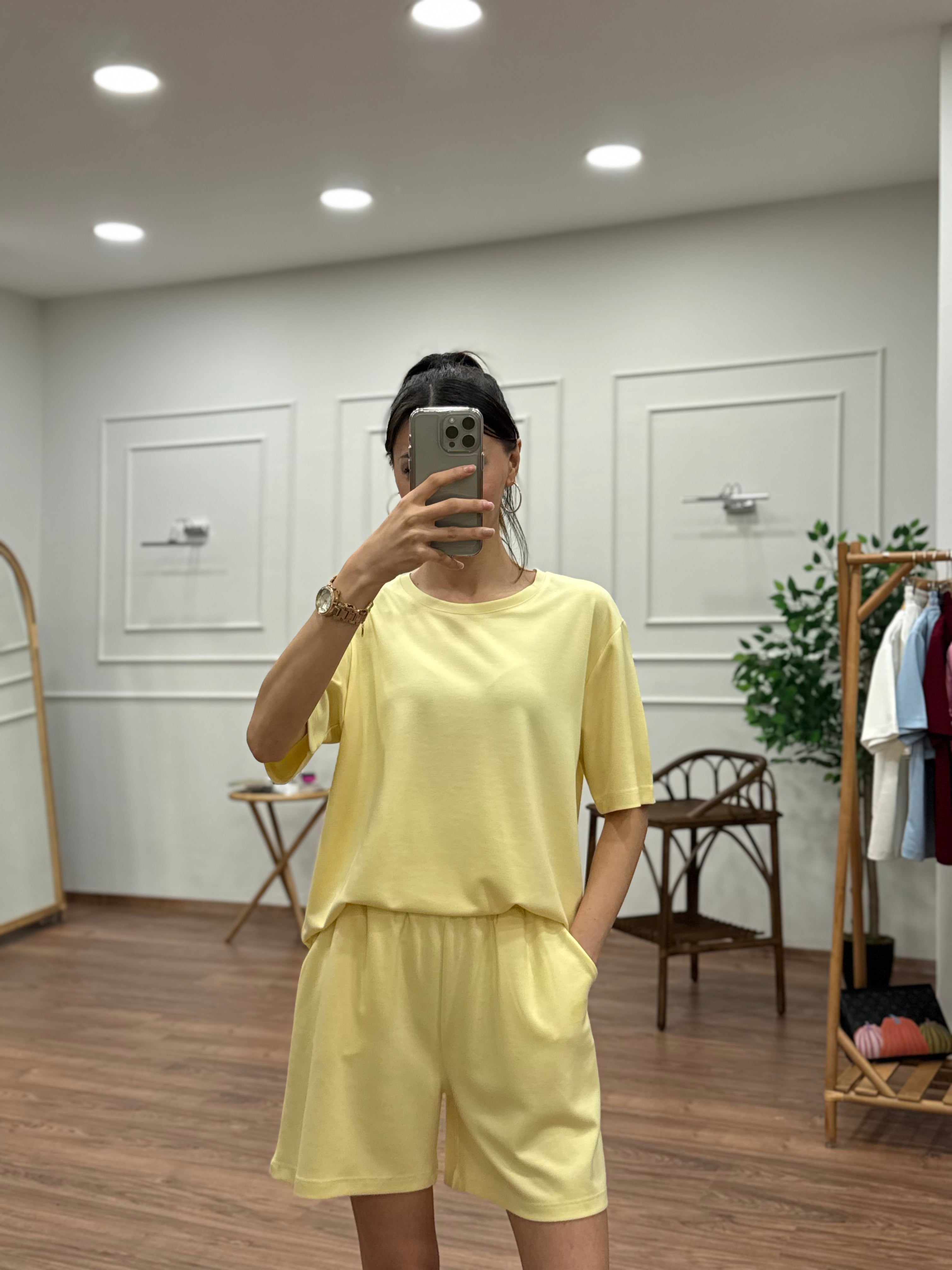 Modal Kumaş Oversize Bluz Şortlu Takım Sarı
