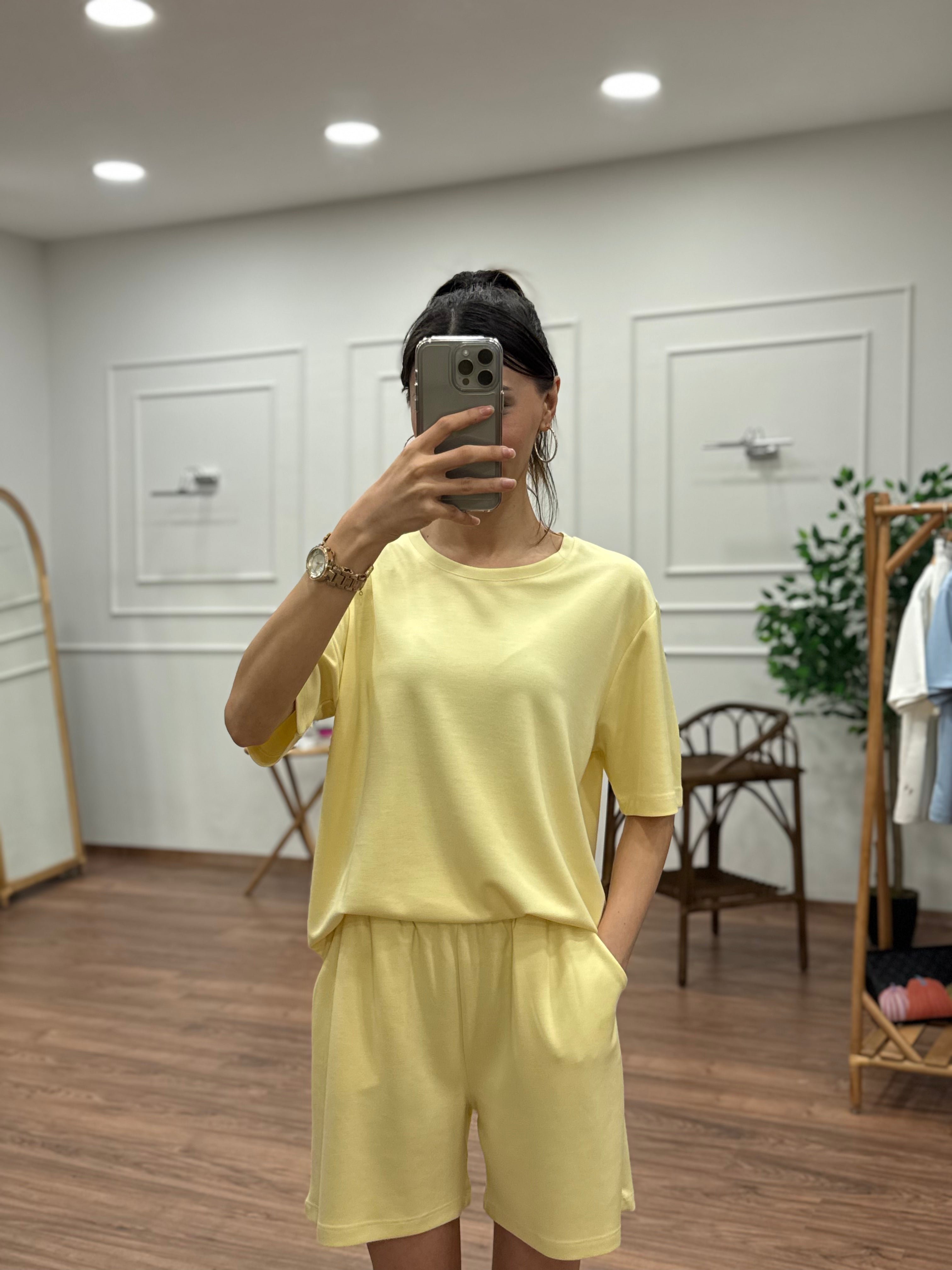 Modal Kumaş Oversize Bluz Şortlu Takım Sarı