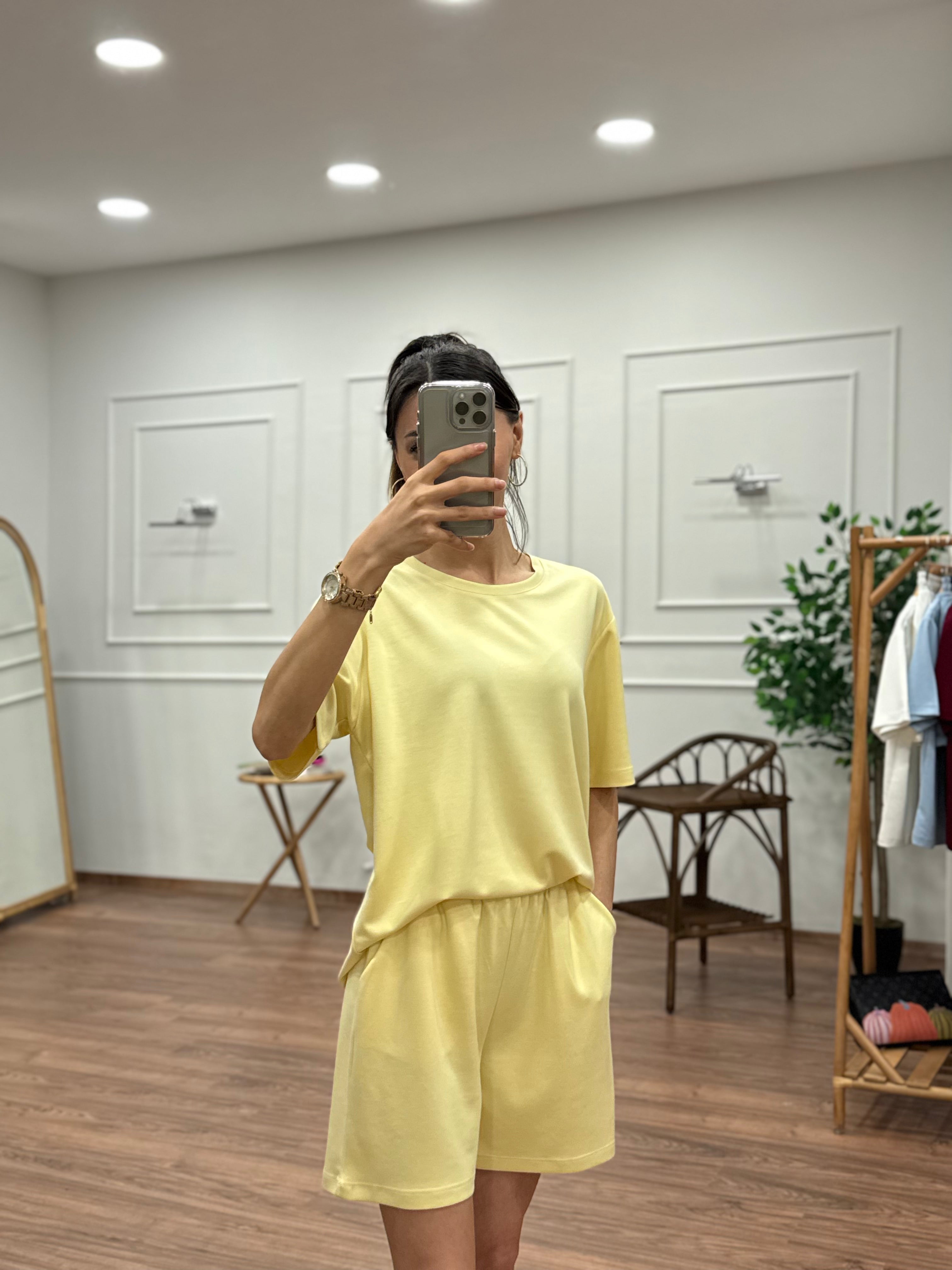 Modal Kumaş Oversize Bluz Şortlu Takım Sarı