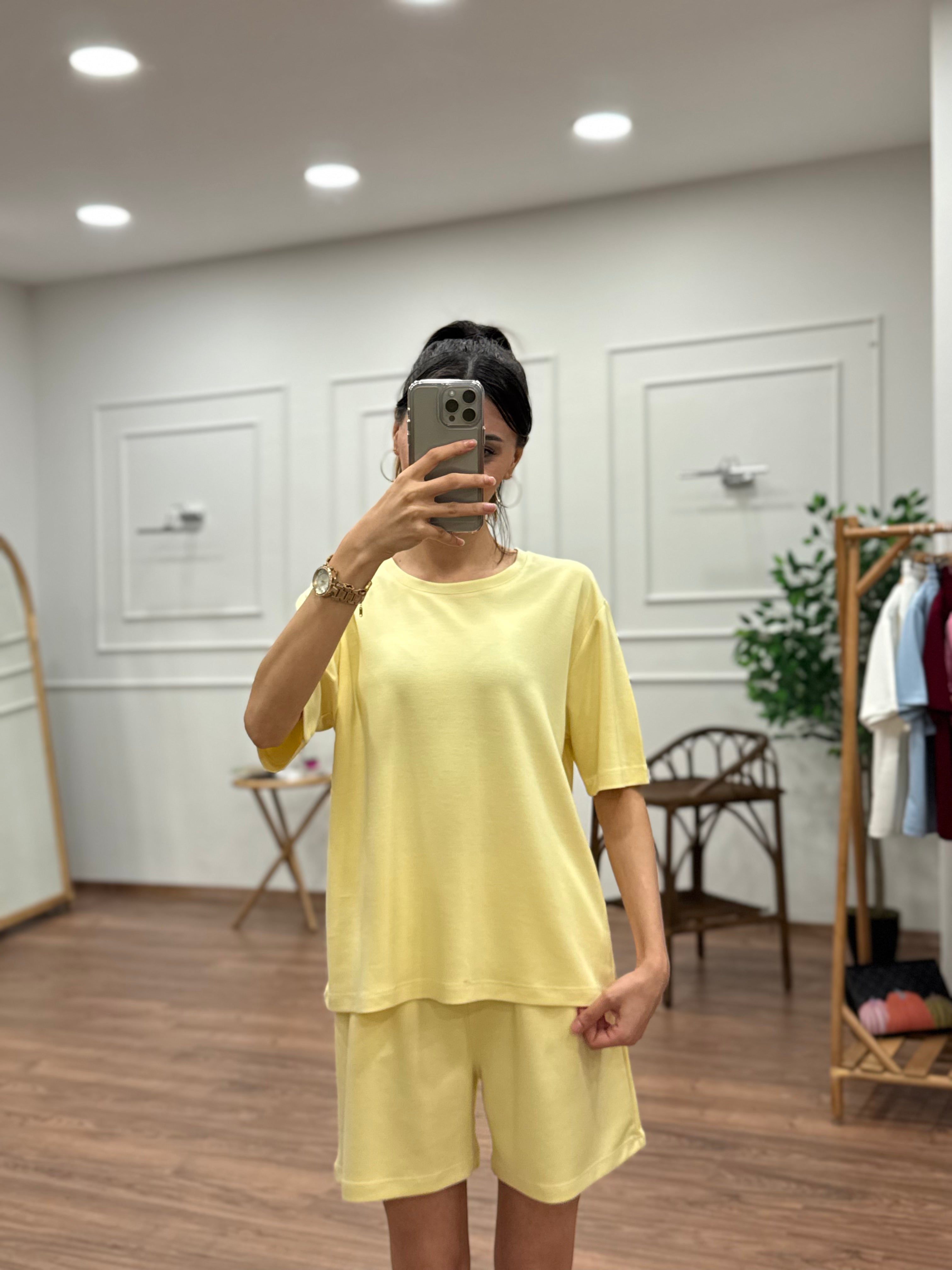 Modal Kumaş Oversize Bluz Şortlu Takım Sarı