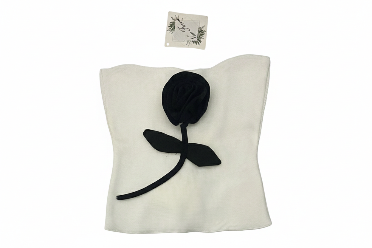 Straplez Gül Detay Beyaz Bluz