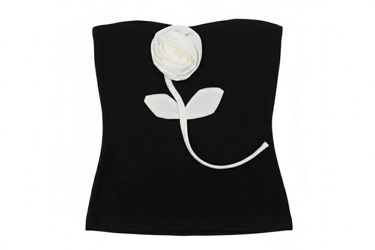 Straplez Gül Detay Siyah Bluz