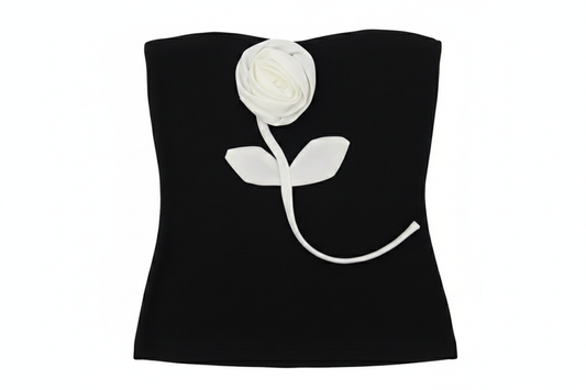 Straplez Gül Detay Siyah Bluz