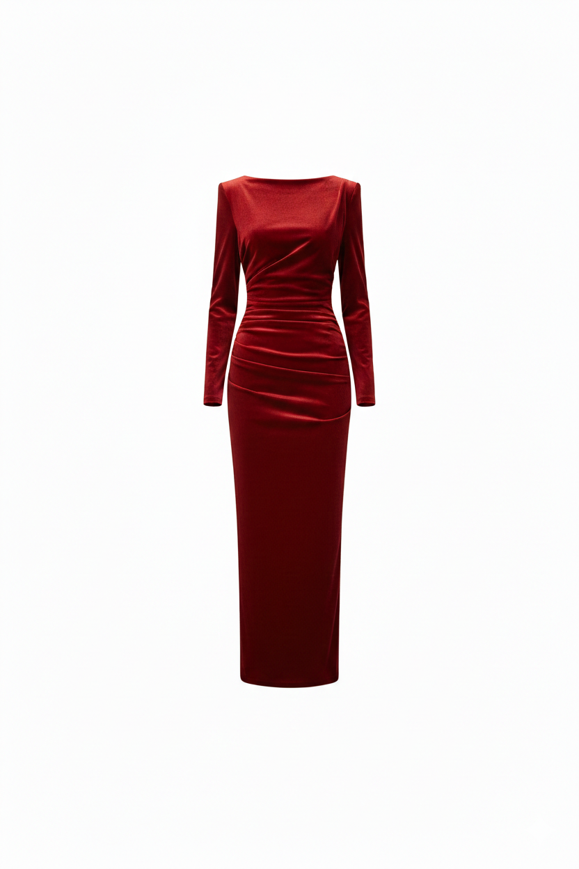 Kadife Omuz Ve Bel Kısmı Drapeli Uzun Kol Kırmızı Kadın Elbise