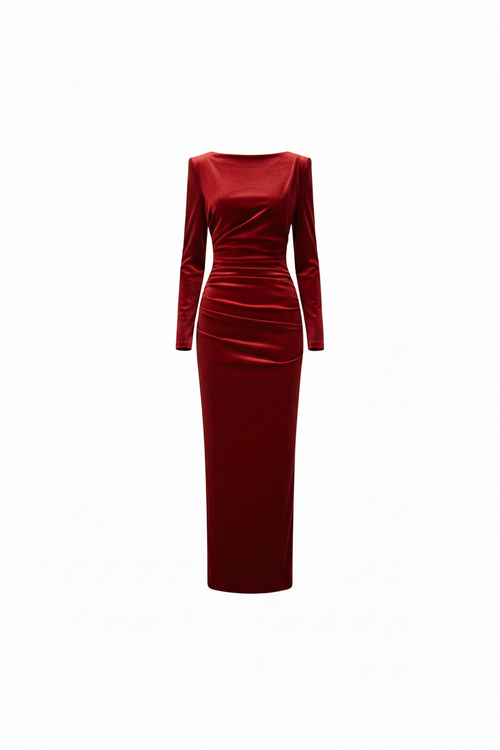 Kadife Omuz Ve Bel Kısmı Drapeli Uzun Kol Kırmızı Kadın Elbise