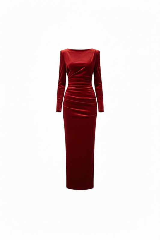 Kadife Omuz Ve Bel Kısmı Drapeli Uzun Kol Kırmızı Kadın Elbise