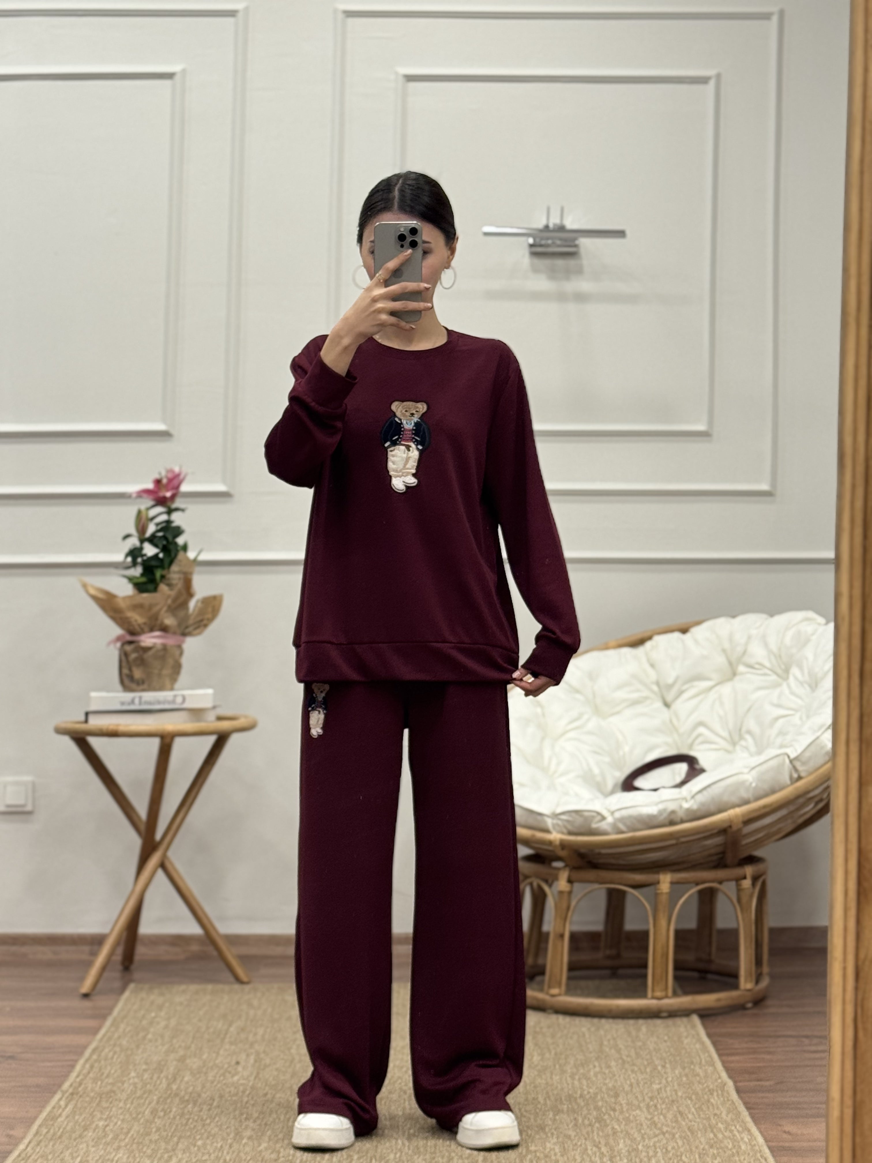 Ayıcık Nakışlı Oys Kumaş Bordo Bluz Pantolon Takım