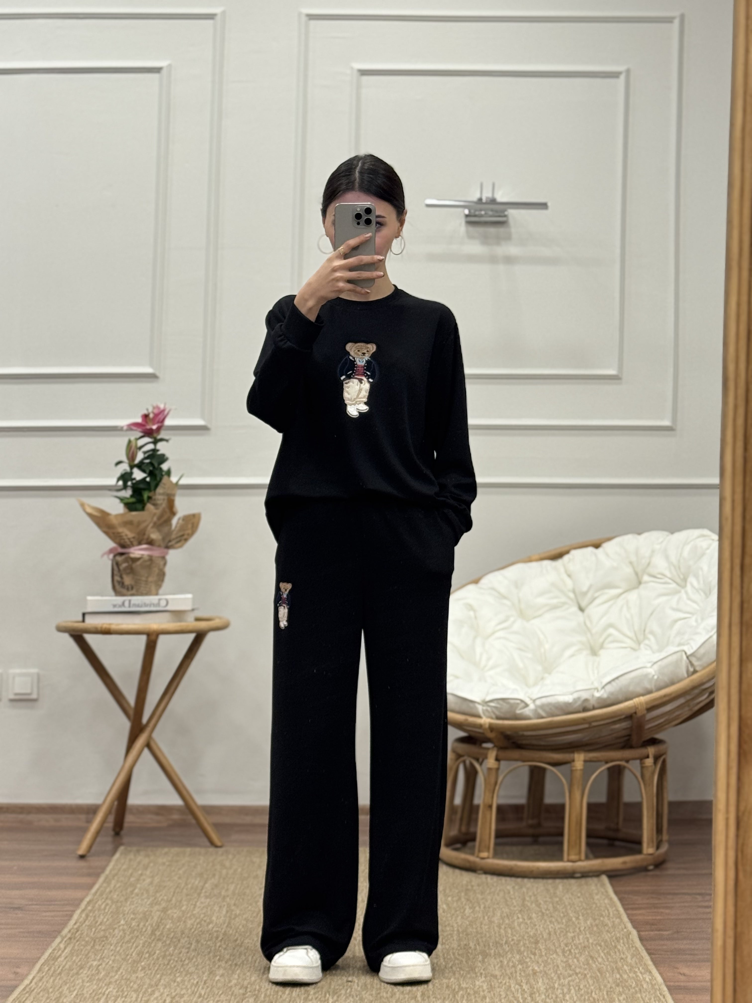 Ayıcık Nakışlı Oys Kumaş Siyah Bluz Pantolon Takım