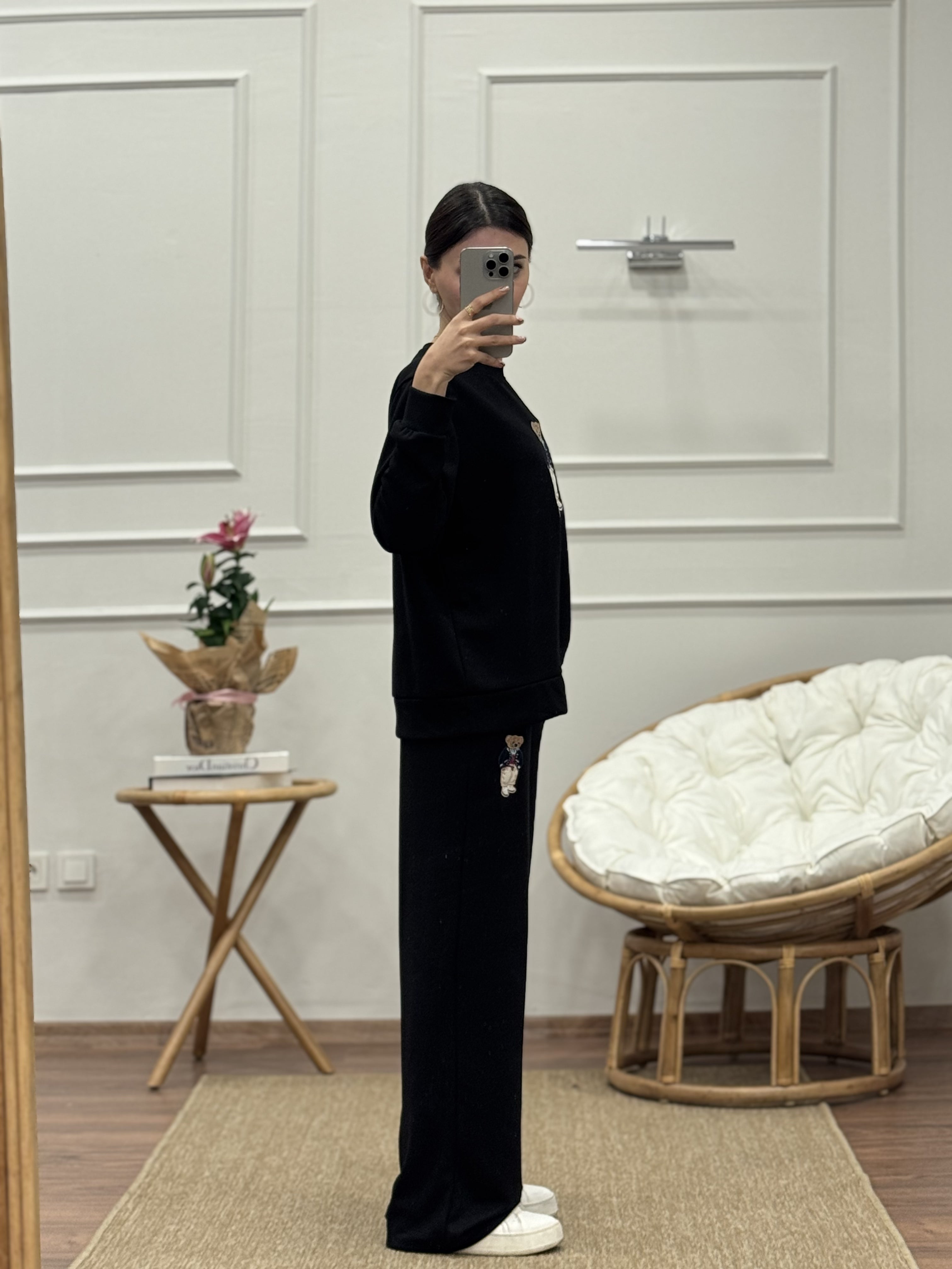 Ayıcık Nakışlı Oys Kumaş Siyah Bluz Pantolon Takım