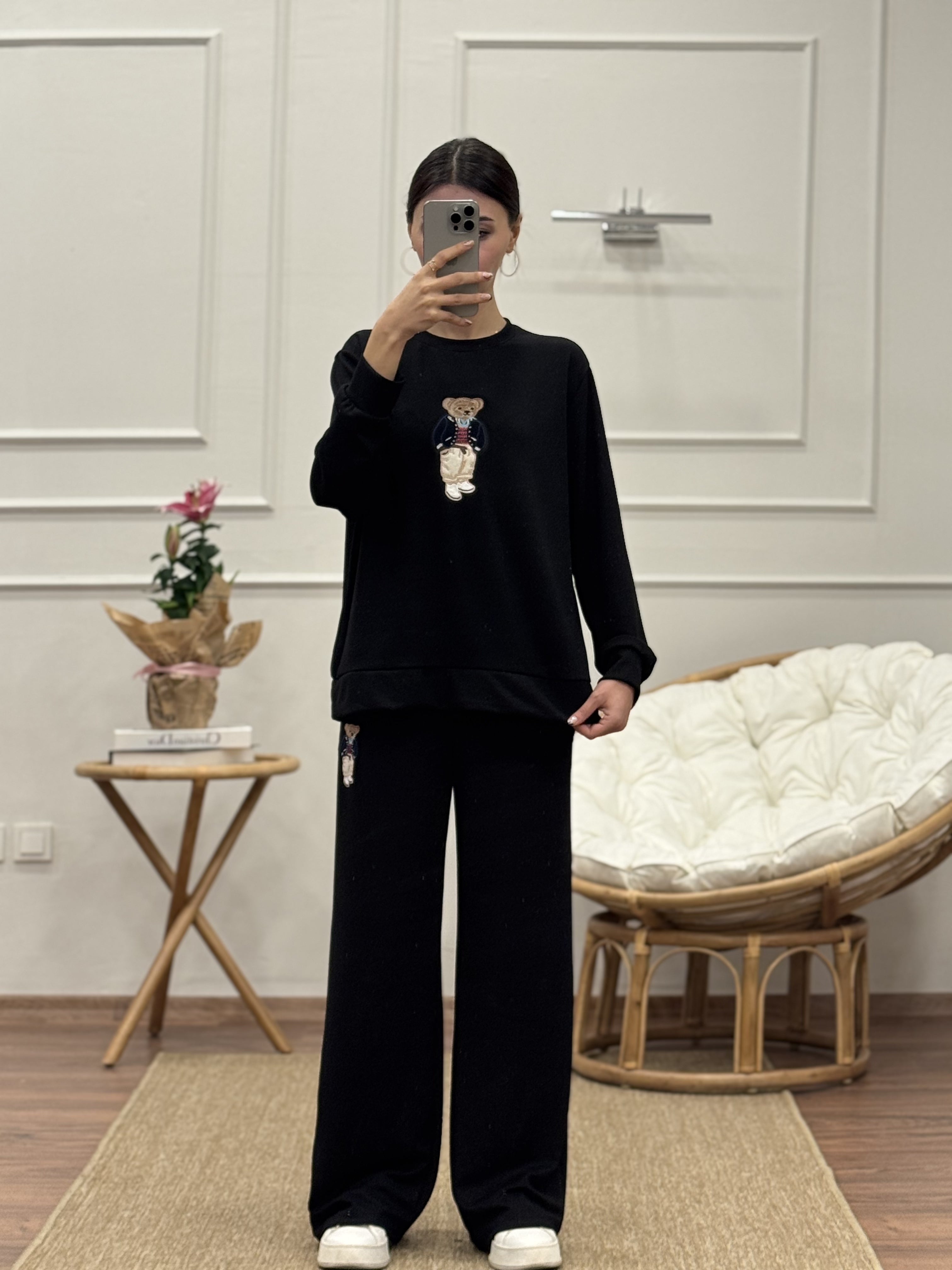 Ayıcık Nakışlı Oys Kumaş Siyah Bluz Pantolon Takım