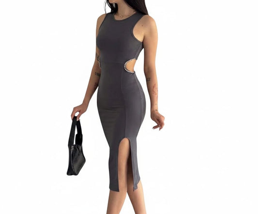 Yırtmaç Bel Taş Detaylı Elbise